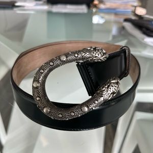 Mens Gucci black belt sz 85 Dionysus Leather Belt w/ Double Tiger Head Buckle